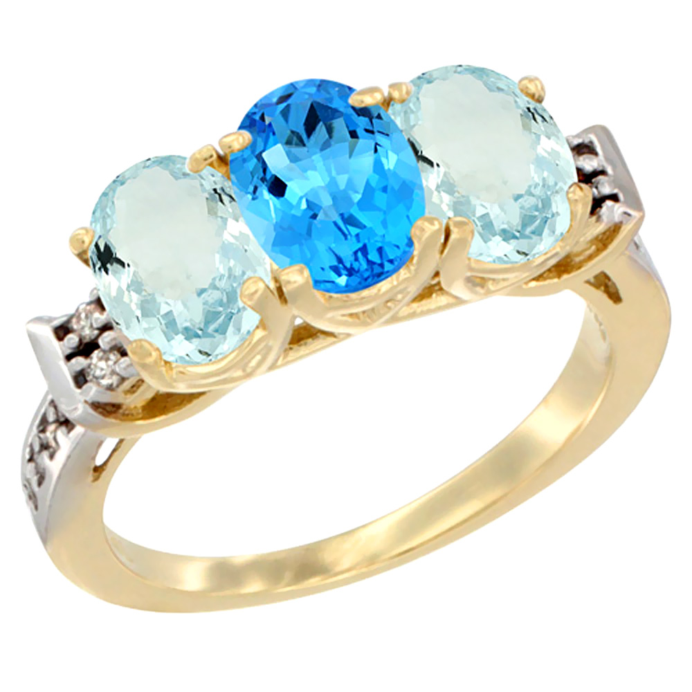 14K Yellow Gold Natural Swiss Blue Topaz & Aquamarine Sides Ring 3-Stone Oval 7x5 mm Diamond Accent, sizes 5 - 10