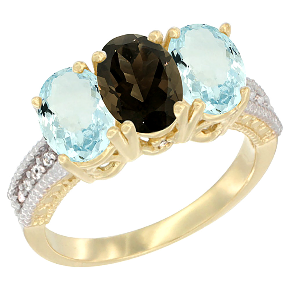 10K Yellow Gold Natural Smoky Topaz & Aquamarine Ring 3-Stone Oval 7x5 mm, sizes 5 - 10