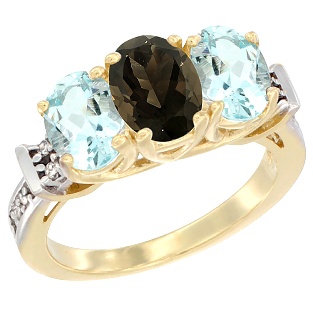 10K Yellow Gold Natural Smoky Topaz &amp; Aquamarine Sides Ring 3-Stone Oval Diamond Accent, sizes 5 - 10