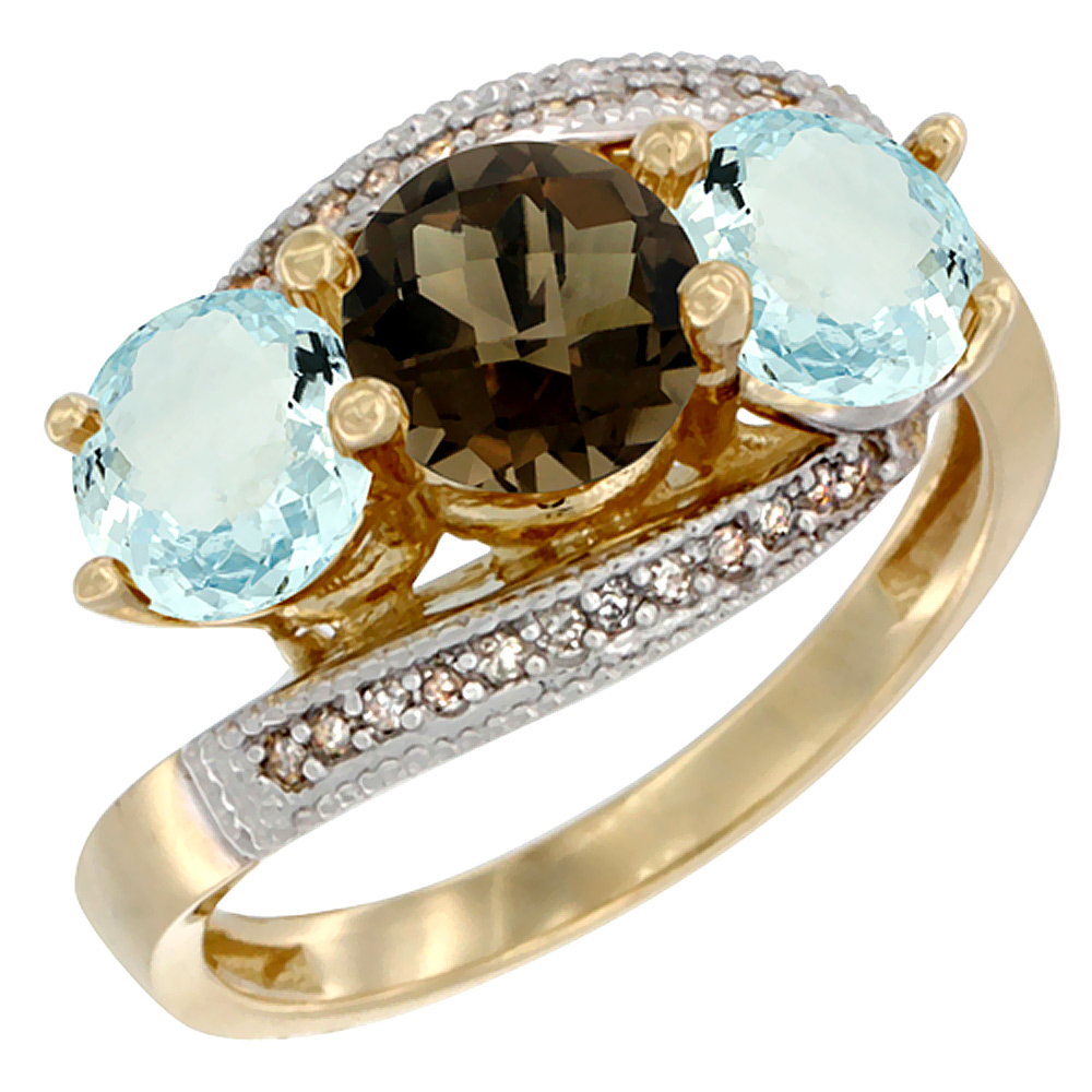 10K Yellow Gold Natural Smoky Topaz &amp; Aquamarine Sides 3 stone Ring Round 6mm Diamond Accent, sizes 5 - 10