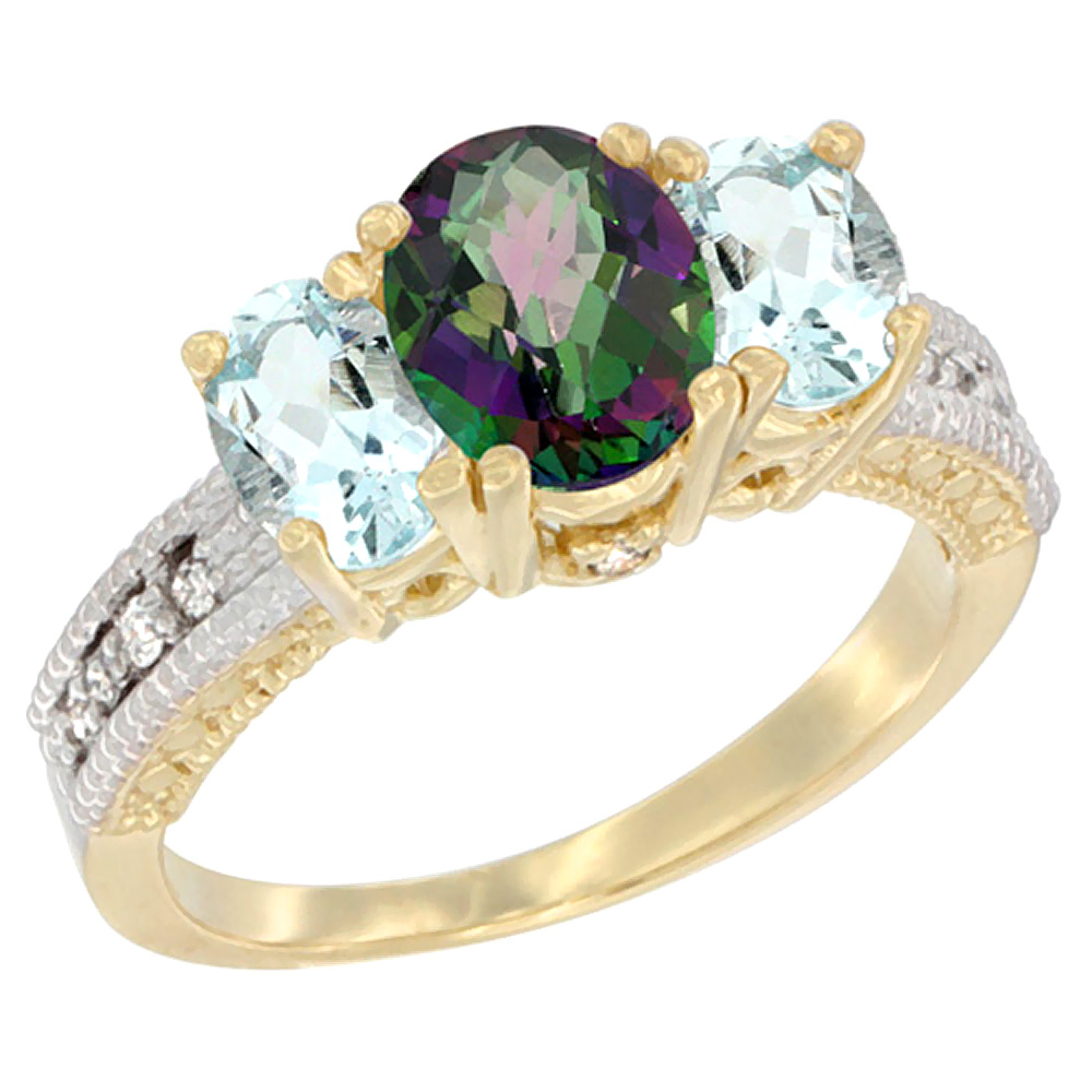 10K Yellow Gold Diamond Natural Mystic Topaz Ring Oval 3-stone with Aquamarine, sizes 5 - 10