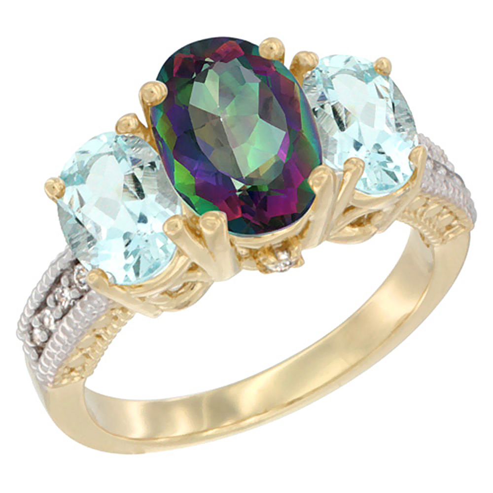 10K Yellow Gold Diamond Natural Mystic Topaz Ring 3-Stone Oval 8x6mm with Aquamarine, sizes5-10