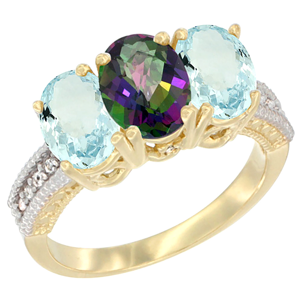 14K Yellow Gold Natural Mystic Topaz &amp; Aquamarine Sides Ring 3-Stone Oval 7x5 mm Diamond Accent, sizes 5 - 10