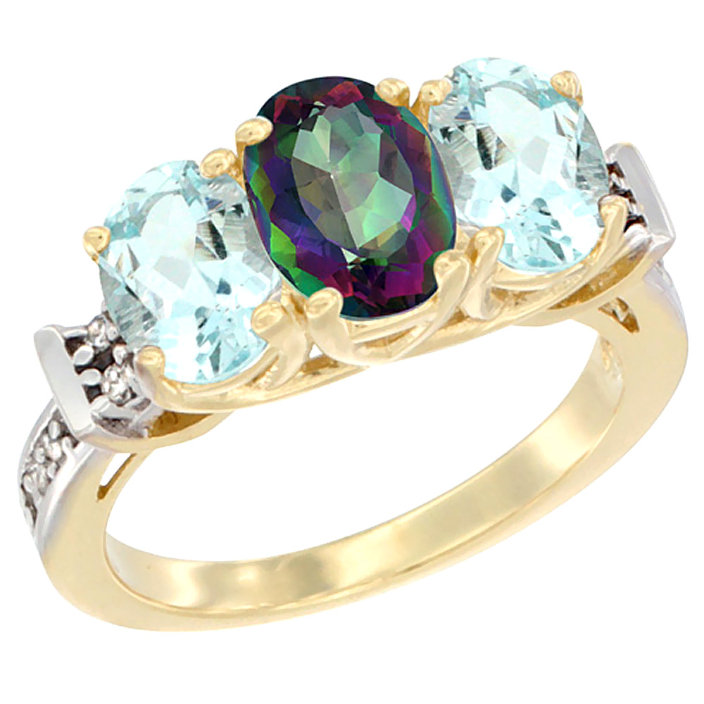 14K Yellow Gold Natural Mystic Topaz &amp; Aquamarine Sides Ring 3-Stone Oval Diamond Accent, sizes 5 - 10