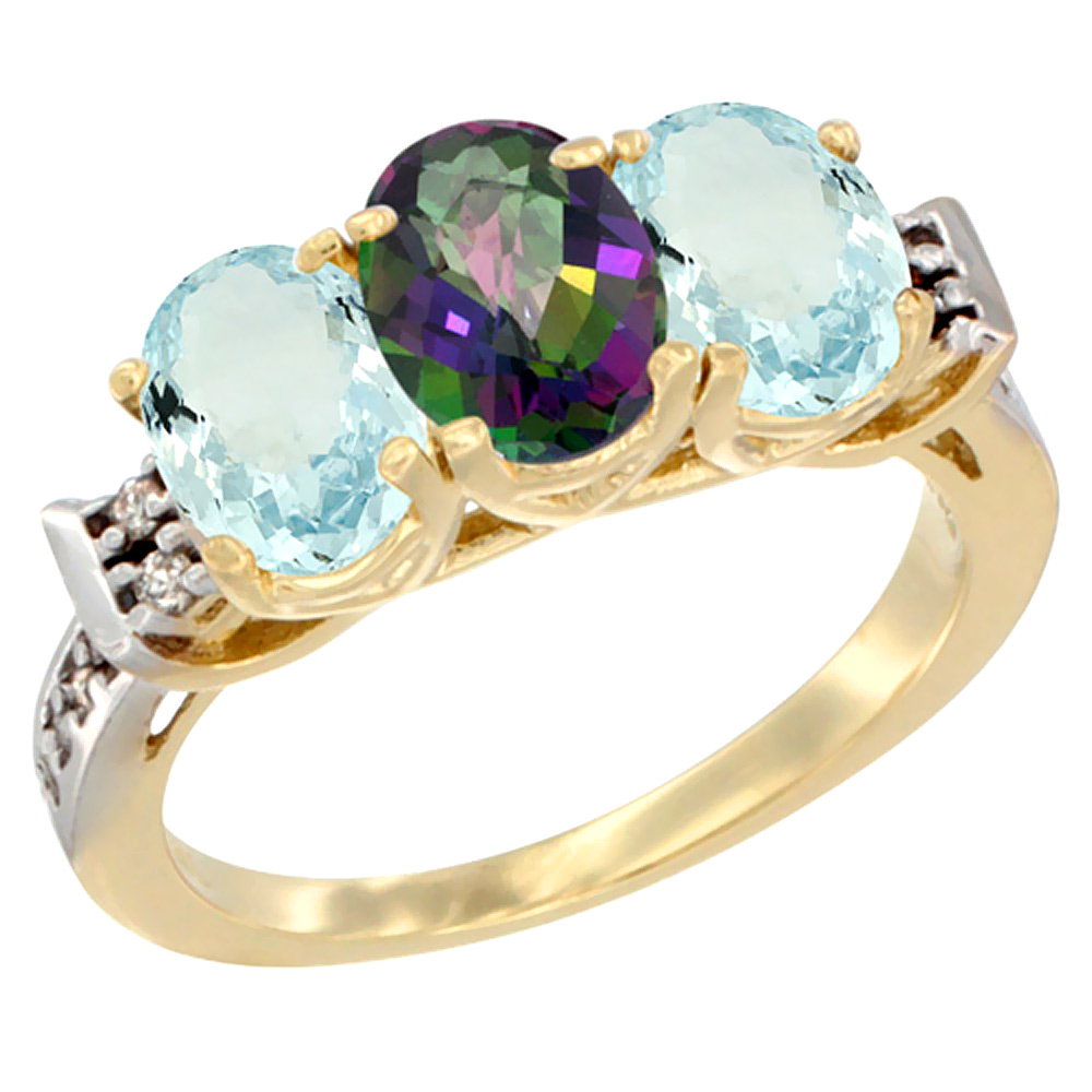 14K Yellow Gold Natural Mystic Topaz &amp; Aquamarine Sides Ring 3-Stone Oval 7x5 mm Diamond Accent, sizes 5 - 10