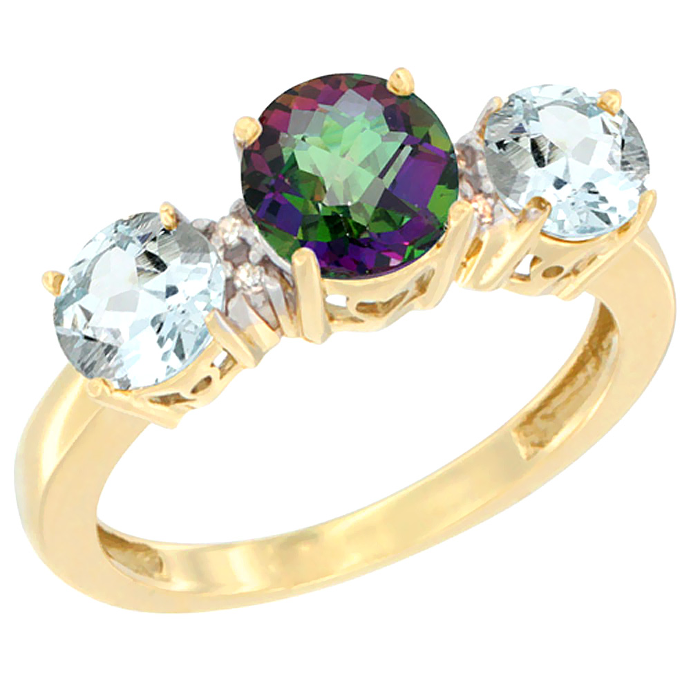 10K Yellow Gold Round 3-Stone Natural Mystic Topaz Ring & Aquamarine Sides Diamond Accent, sizes 5 - 10