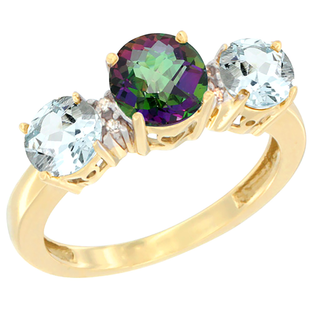 14K Yellow Gold Round 3-Stone Natural Mystic Topaz Ring &amp; Aquamarine Sides Diamond Accent, sizes 5 - 10