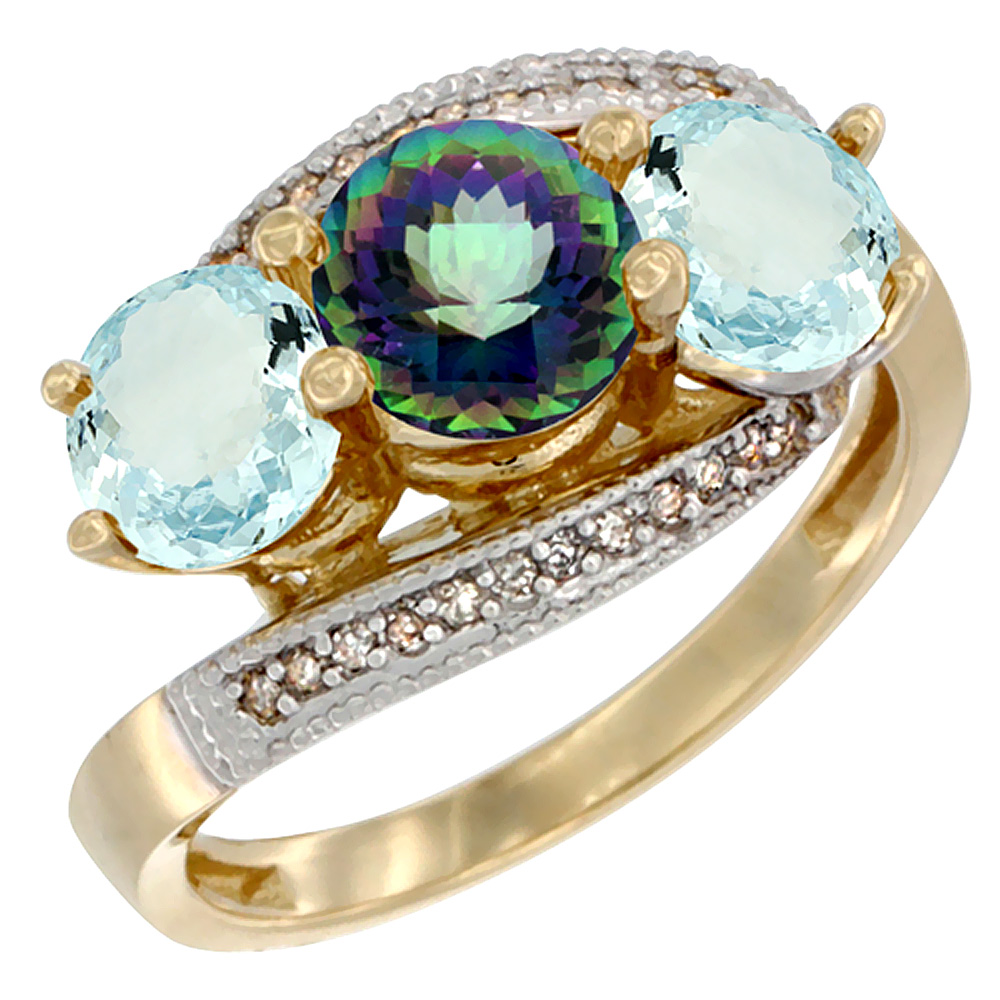 14K Yellow Gold Natural Mystic Topaz &amp; Aquamarine Sides 3 stone Ring Round 6mm Diamond Accent, sizes 5 - 10