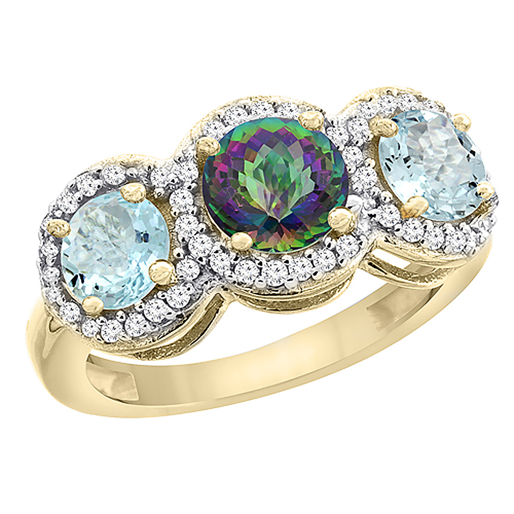 14K Yellow Gold Natural Mystic Topaz &amp; Aquamarine Sides Round 3-stone Ring Diamond Accents, sizes 5 - 10