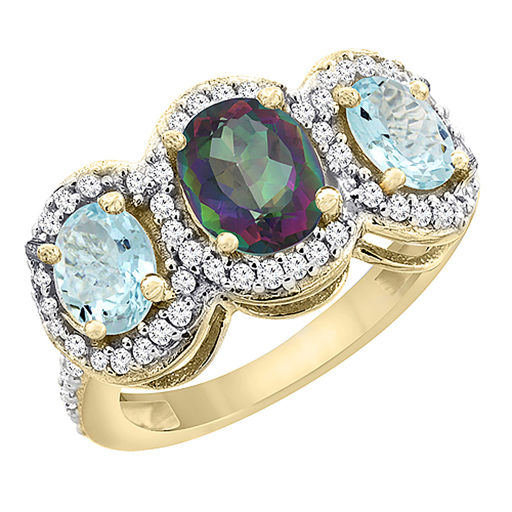 14K Yellow Gold Natural Mystic Topaz &amp; Aquamarine 3-Stone Ring Oval Diamond Accent, sizes 5 - 10