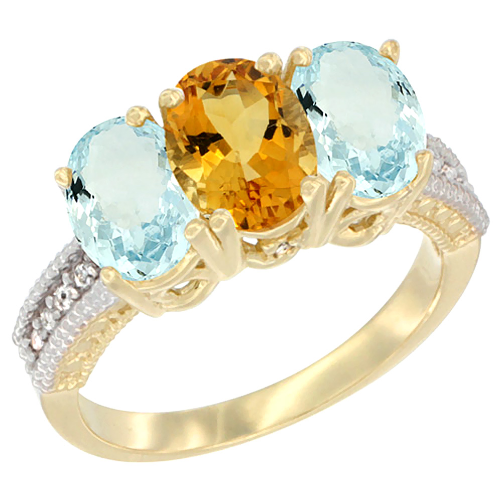 10K Yellow Gold Natural Citrine & Aquamarine Ring 3-Stone Oval 7x5 mm, sizes 5 - 10
