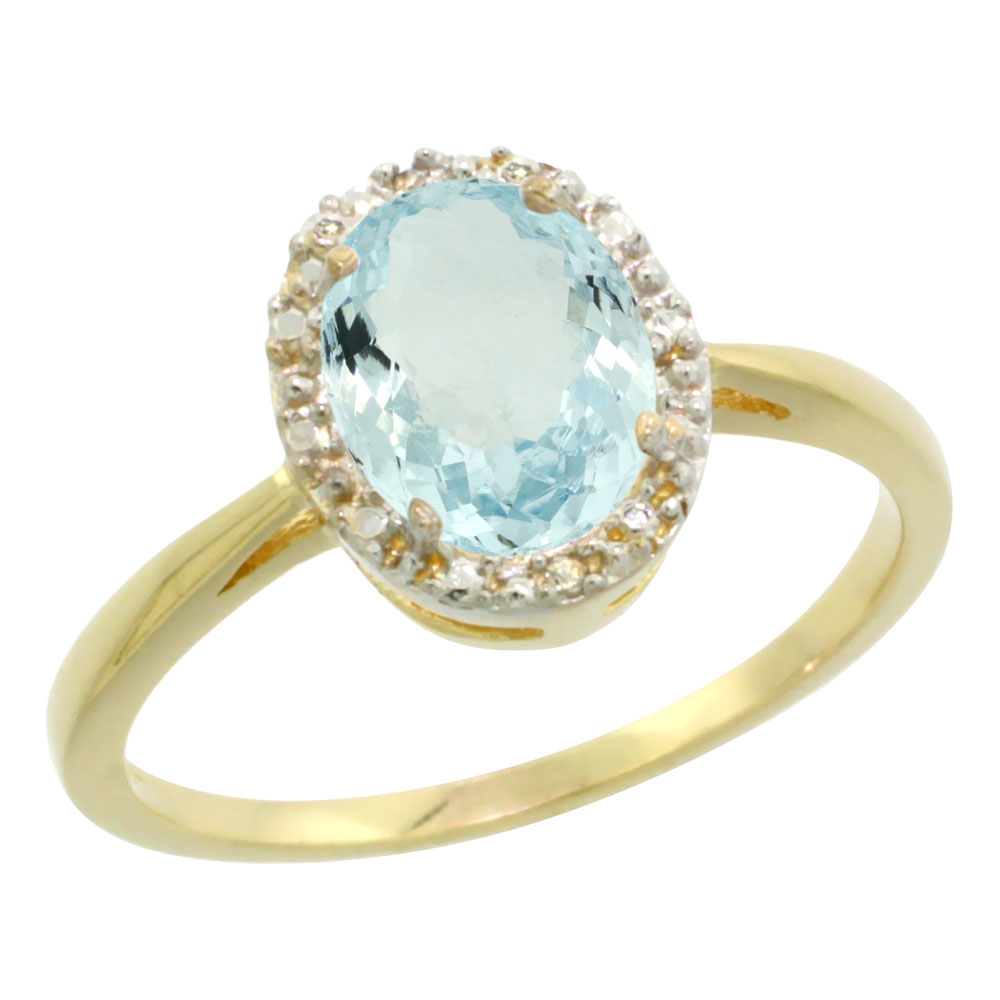 10K Yellow Gold Natural Aquamarine Diamond Halo Ring Oval 8X6mm, sizes 5-10