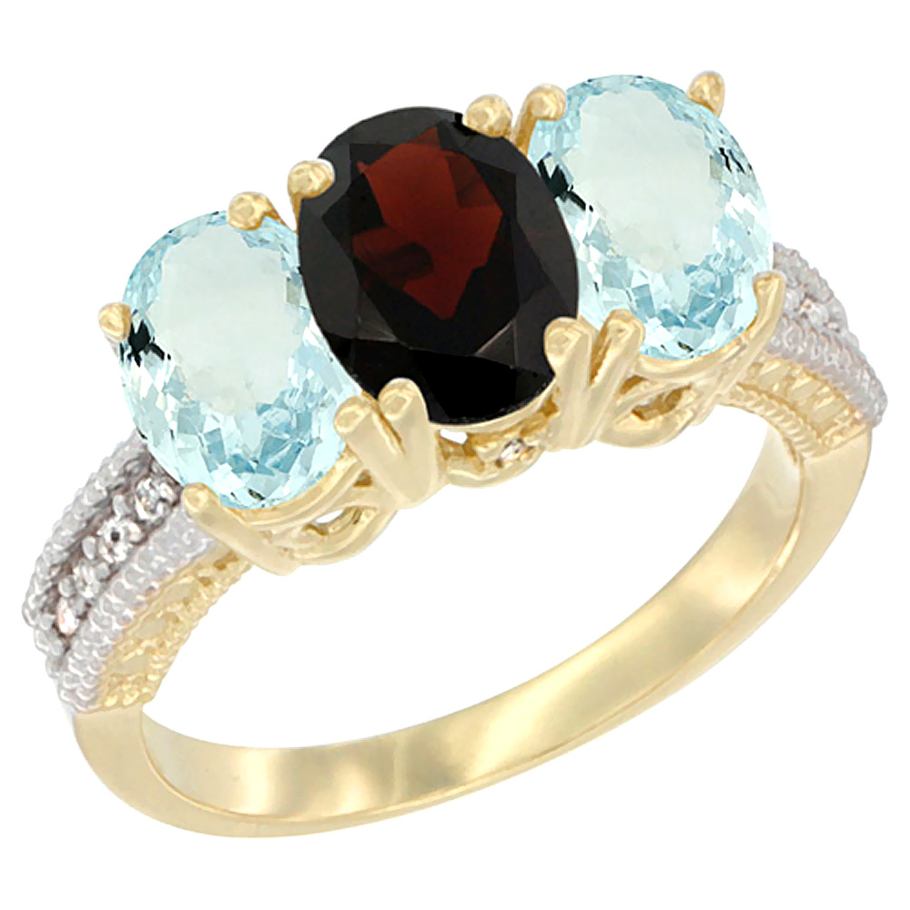 14K Yellow Gold Natural Garnet & Aquamarine Sides Ring 3-Stone Oval 7x5 mm Diamond Accent, sizes 5 - 10