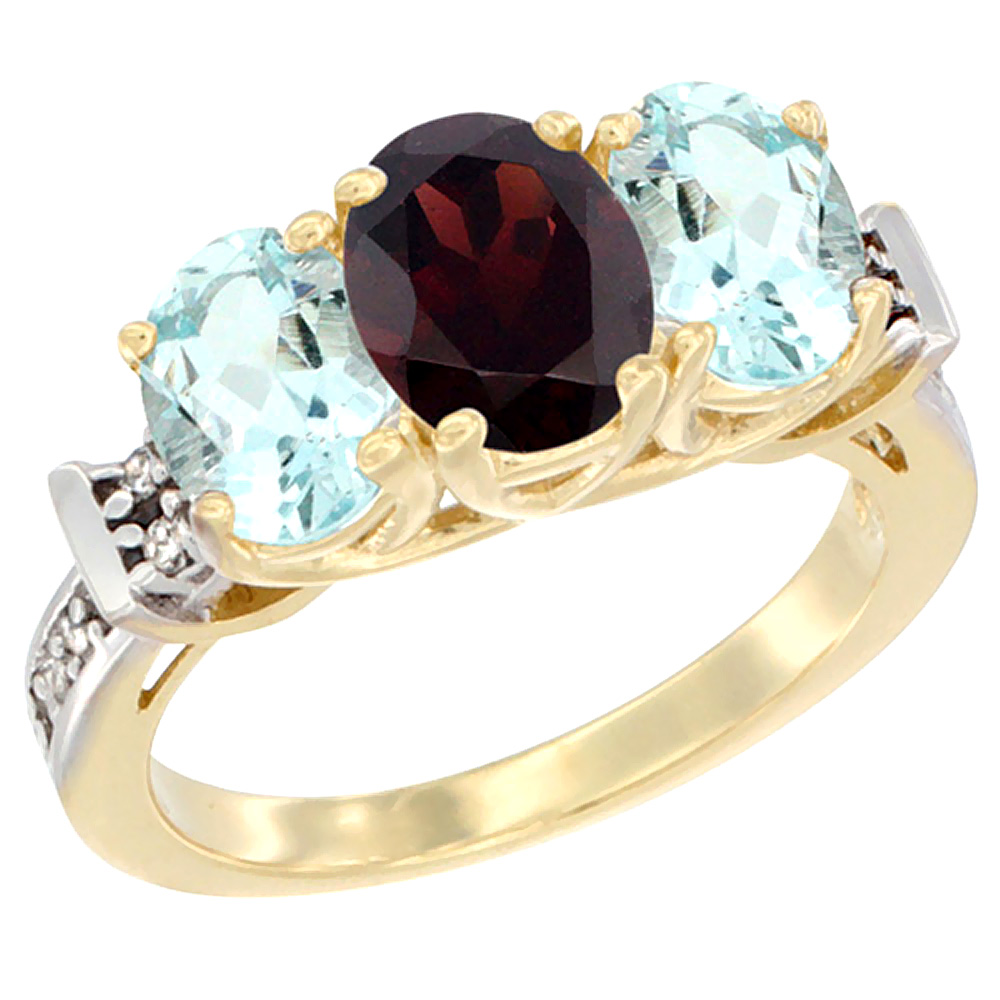 14K Yellow Gold Natural Garnet & Aquamarine Sides Ring 3-Stone Oval Diamond Accent, sizes 5 - 10