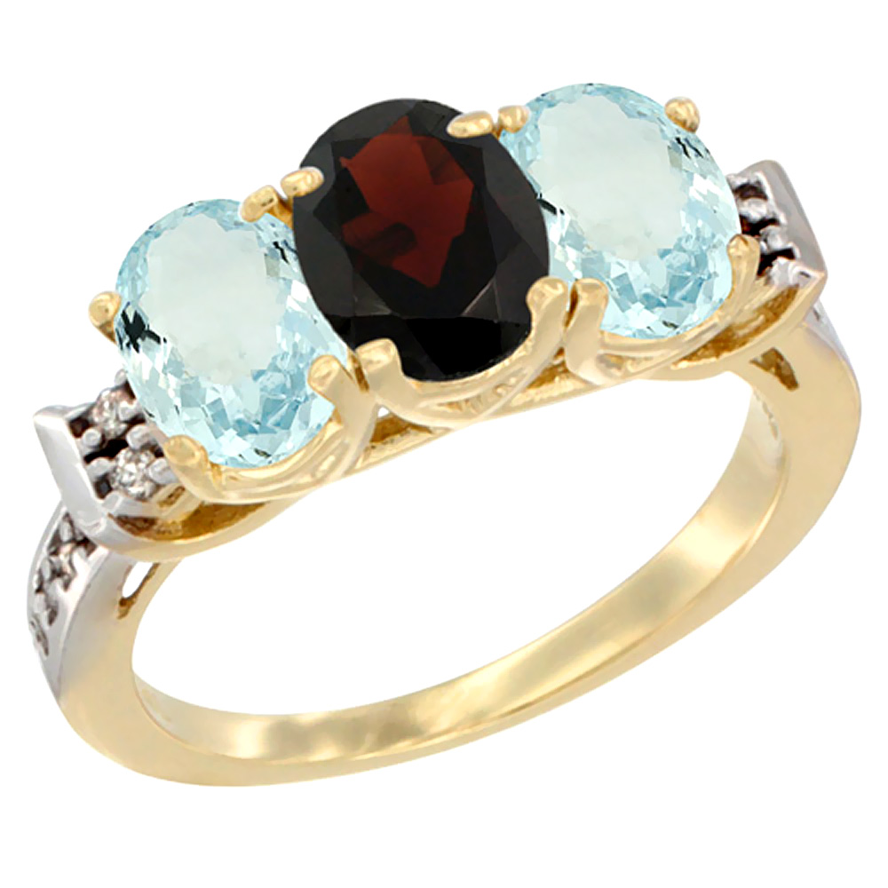 14K Yellow Gold Natural Garnet & Aquamarine Sides Ring 3-Stone Oval 7x5 mm Diamond Accent, sizes 5 - 10