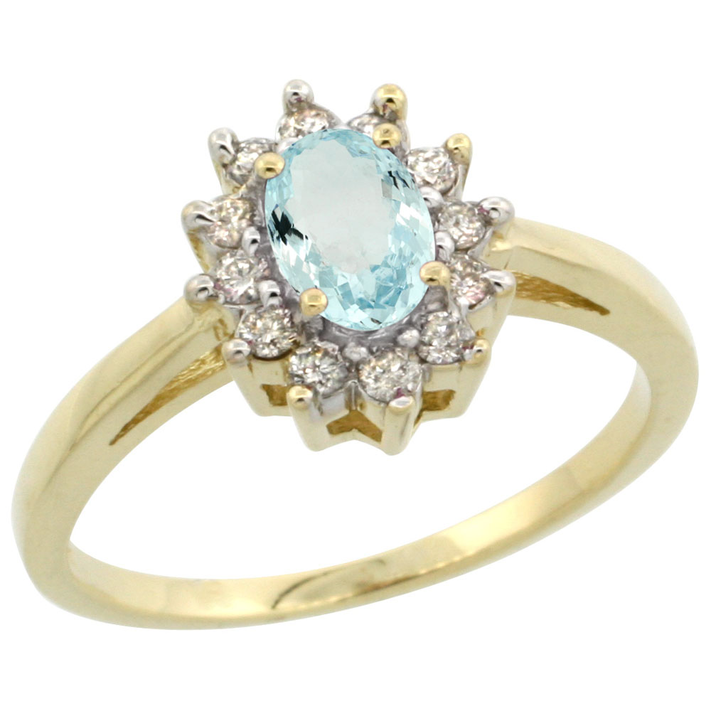 10K Yellow Gold Natural Aquamarine Flower Diamond Halo Ring Oval 6x4 mm, sizes 5 10