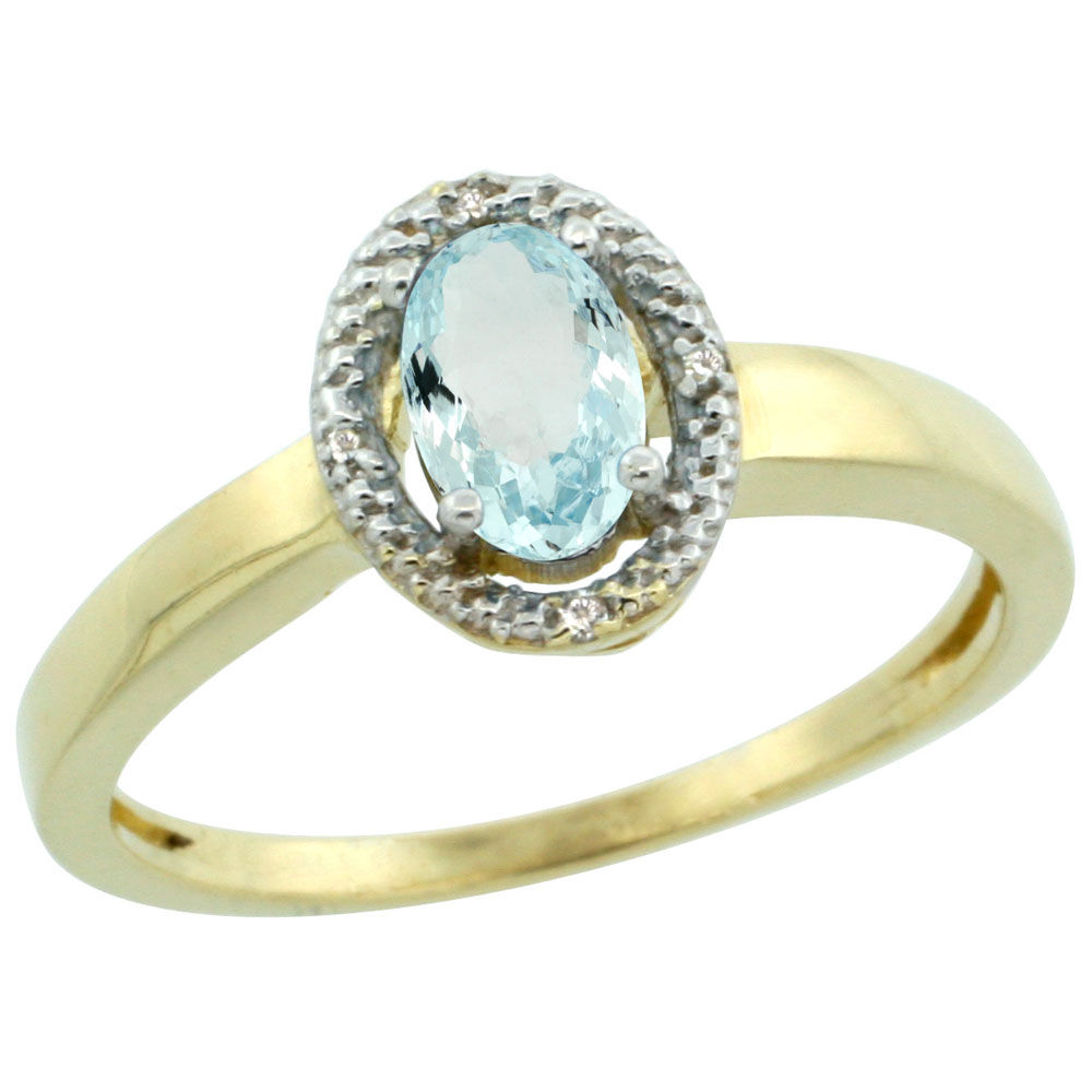 10K Yellow Gold Diamond Halo Natural Aquamarine Engagement Ring Oval 6X4 mm, sizes 5-10