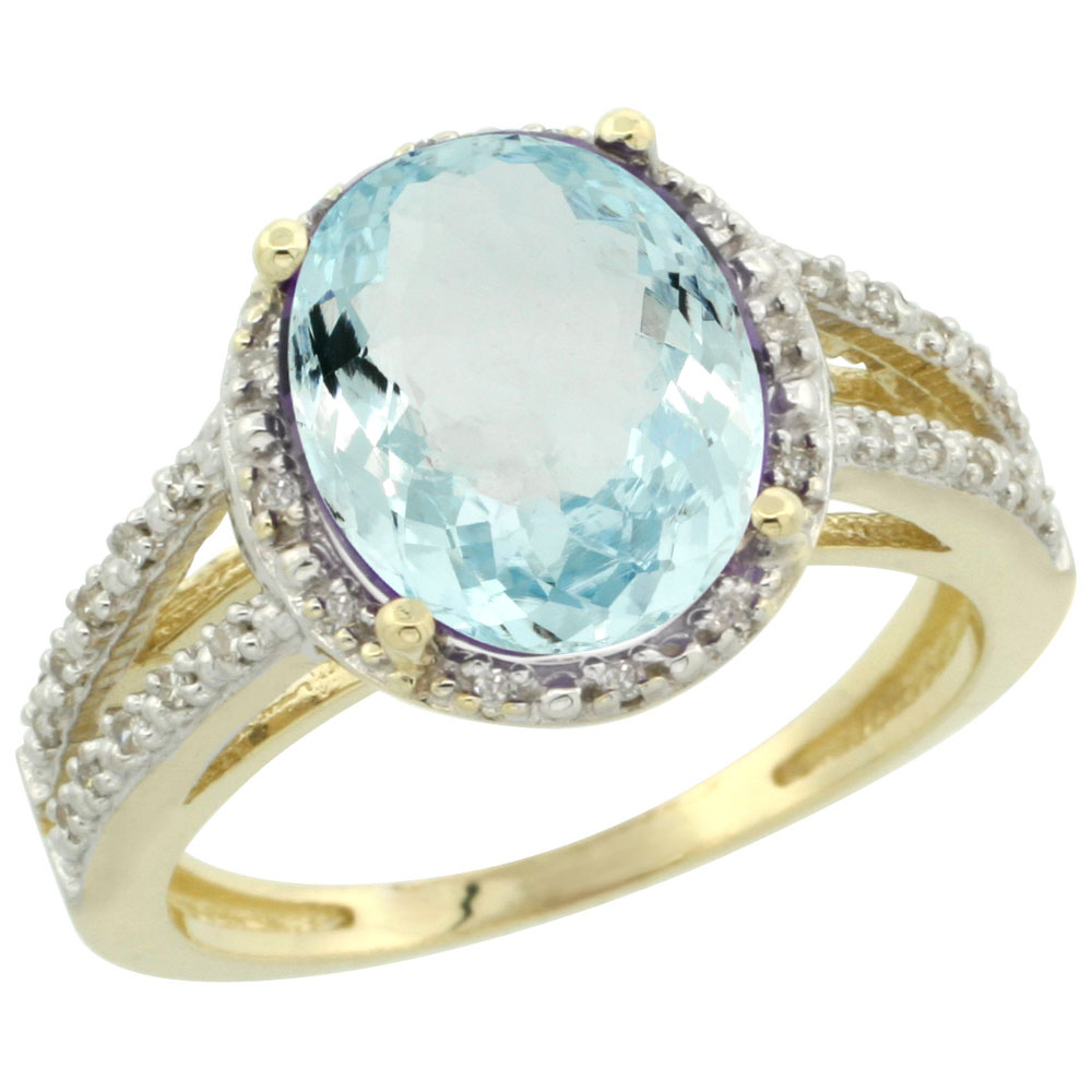 14K Yellow Gold Natural Aquamarine Diamond Halo Ring Oval 11x9mm, sizes 5-10