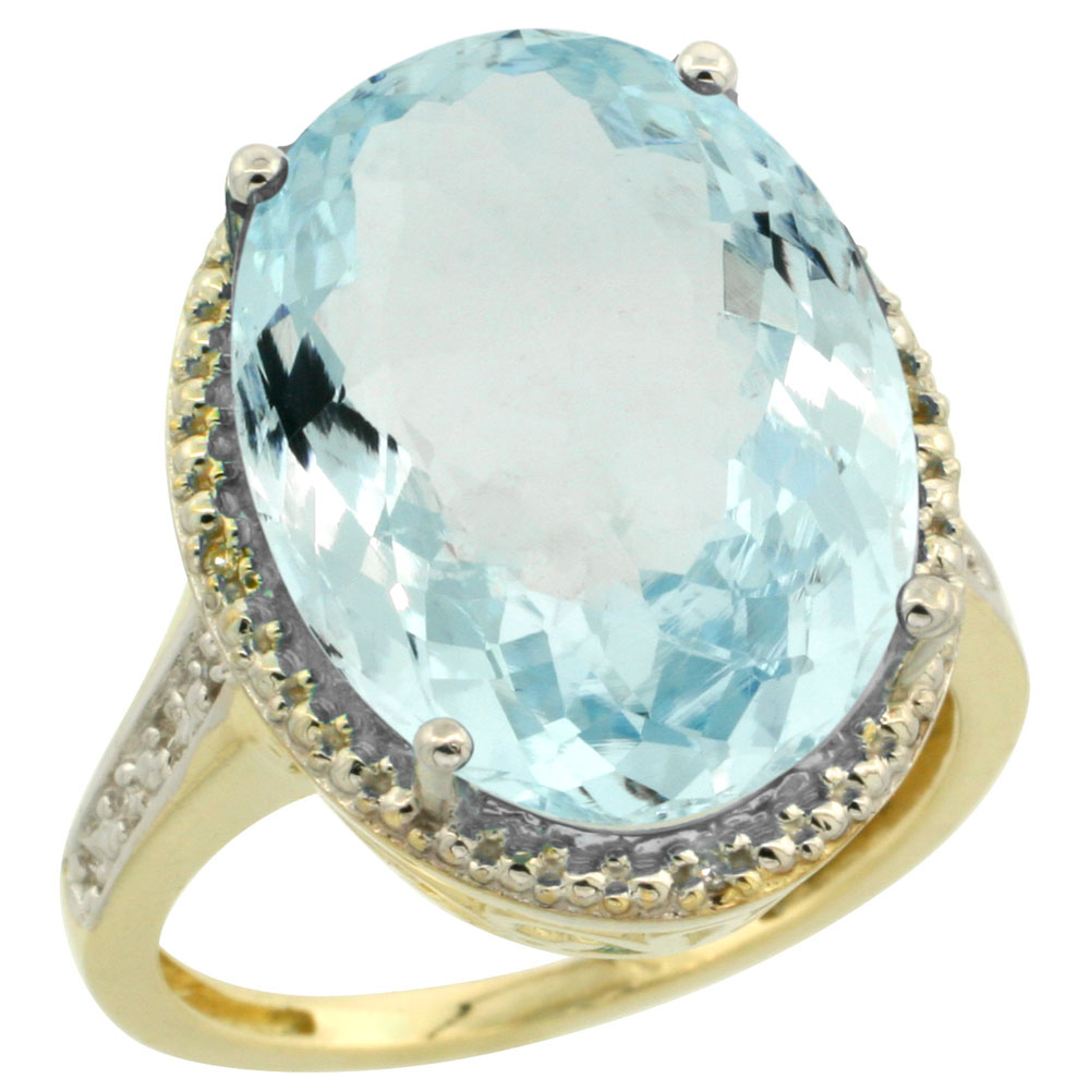 14K Yellow Gold Diamond Natural Aquamarine Ring Oval 18x13mm, sizes 5-10