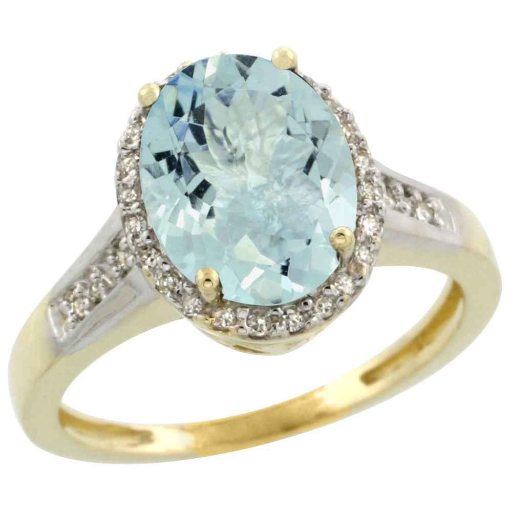 14K Yellow Gold Diamond Natural Aquamarine Engagement Ring Oval 10x8mm, sizes 5-10