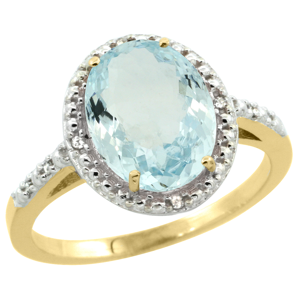 14K Yellow Gold Diamond Natural Aquamarine Engagement Ring Oval 10x8mm, sizes 5-10