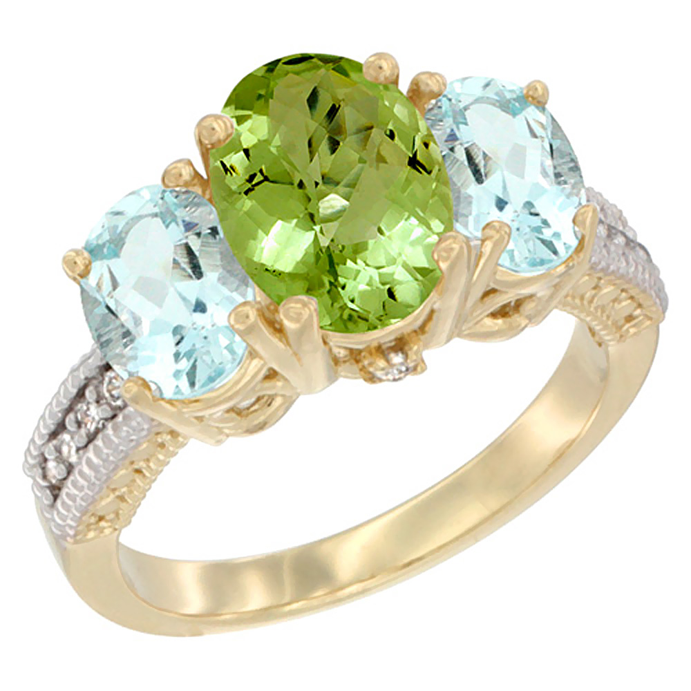 10K Yellow Gold Diamond Natural Peridot Ring 3-Stone Oval 8x6mm with Aquamarine, sizes5-10