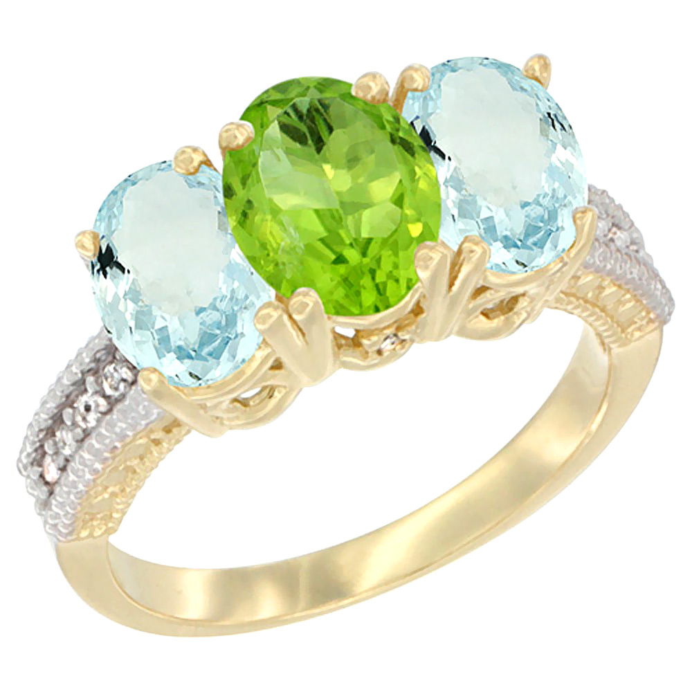 14K Yellow Gold Natural Peridot & Aquamarine Sides Ring 3-Stone Oval 7x5 mm Diamond Accent, sizes 5 - 10