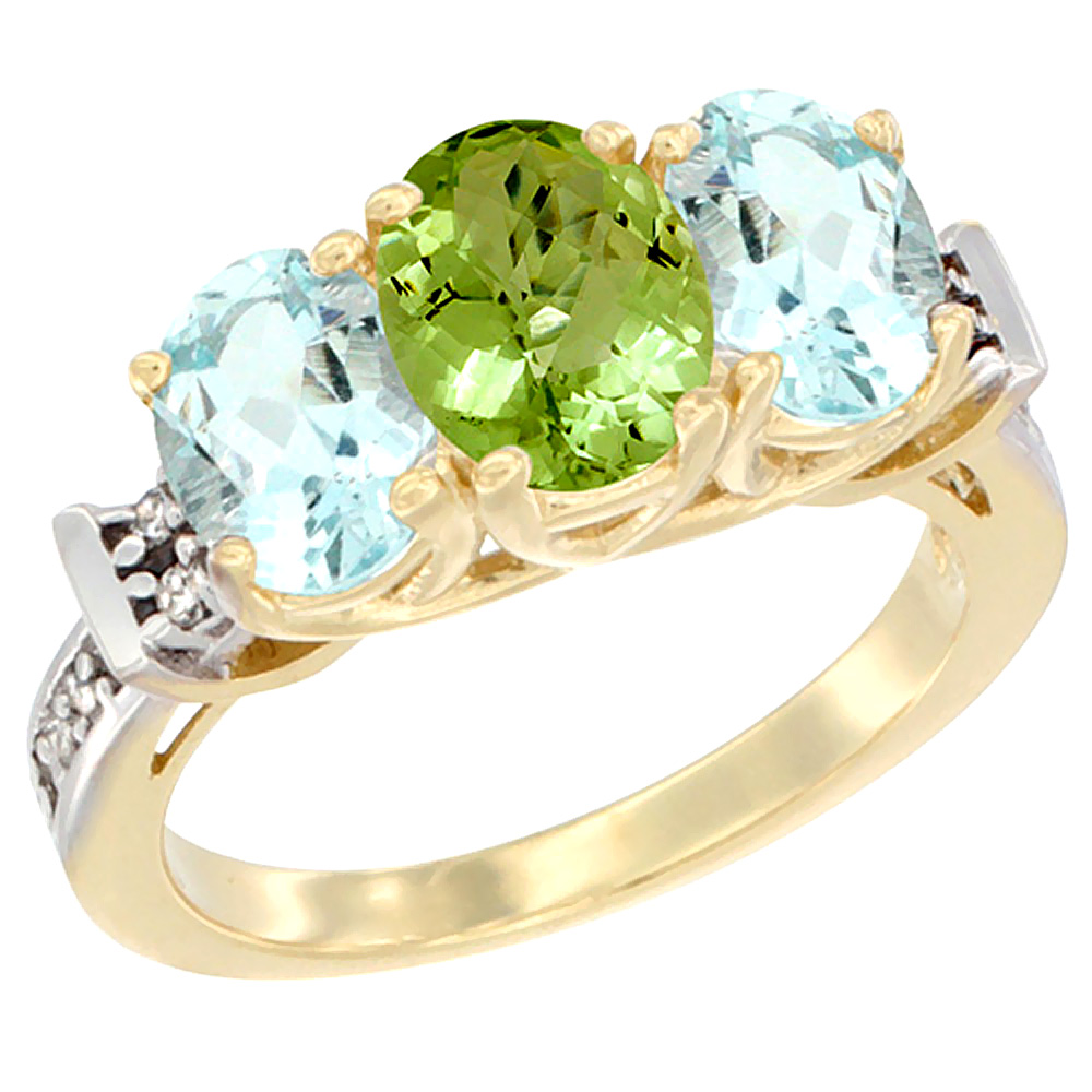 14K Yellow Gold Natural Peridot & Aquamarine Sides Ring 3-Stone Oval Diamond Accent, sizes 5 - 10