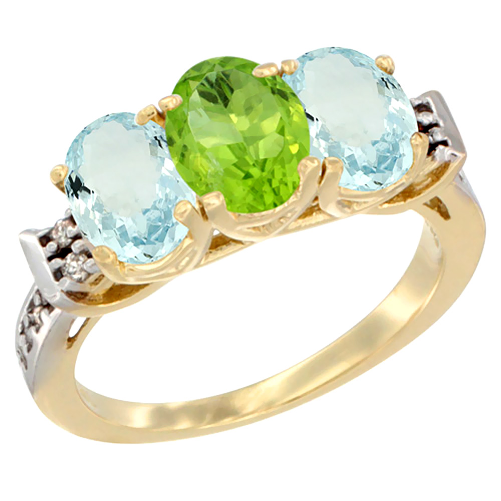 14K Yellow Gold Natural Peridot &amp; Aquamarine Sides Ring 3-Stone Oval 7x5 mm Diamond Accent, sizes 5 - 10