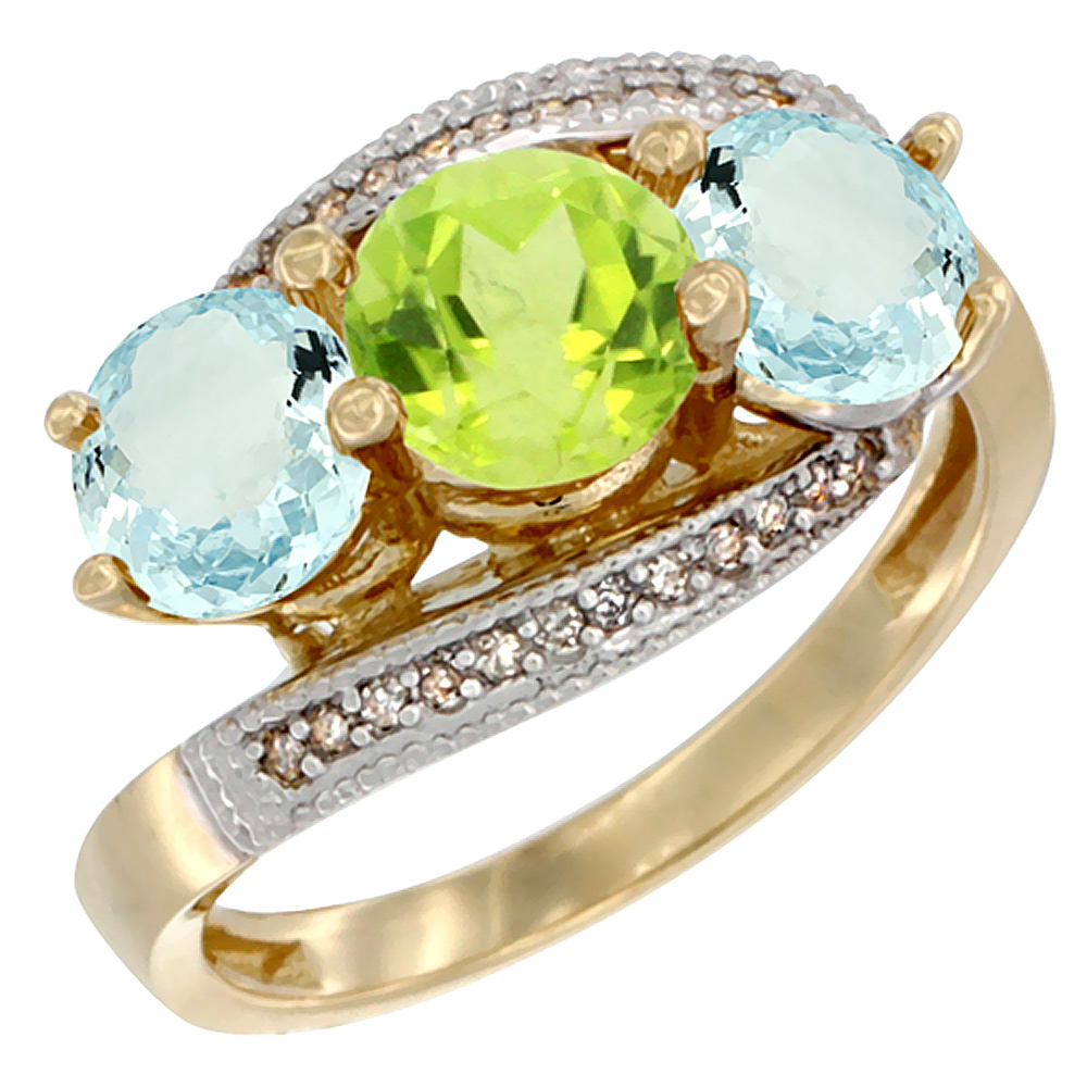 14K Yellow Gold Natural Peridot & Aquamarine Sides 3 stone Ring Round 6mm Diamond Accent, sizes 5 - 10