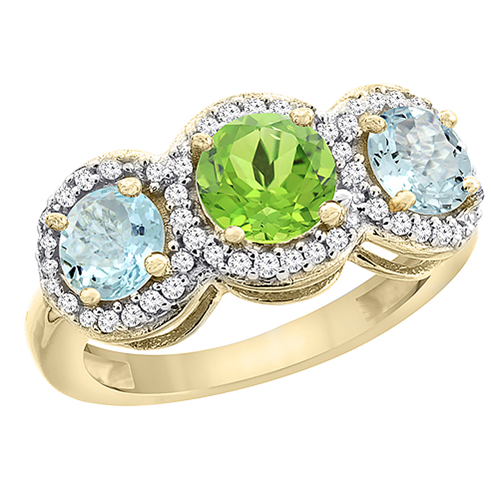 14K Yellow Gold Natural Peridot & Aquamarine Sides Round 3-stone Ring Diamond Accents, sizes 5 - 10