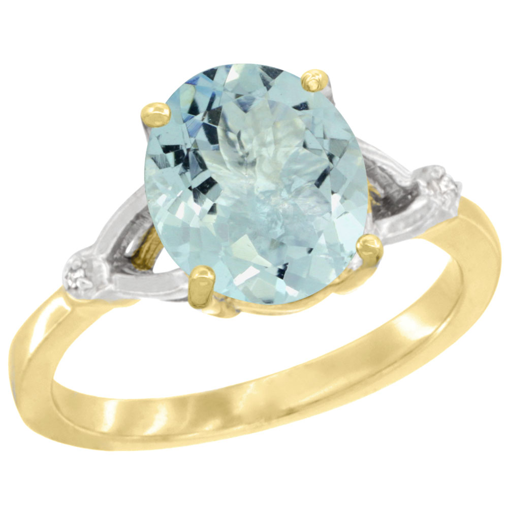 10K Yellow Gold Diamond Natural Aquamarine Engagement Ring Oval 10x8mm, sizes 5-10