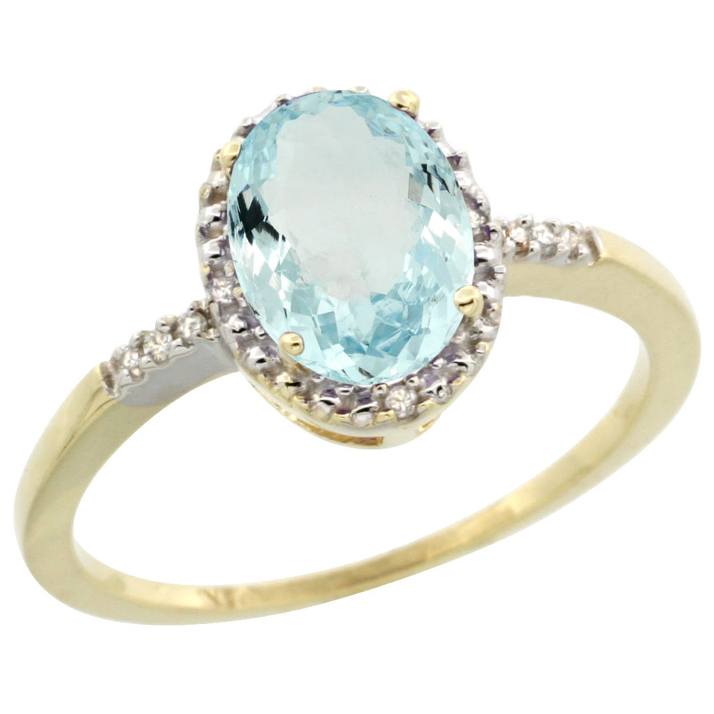 10K Yellow Gold Diamond Natural Aquamarine Ring Oval 8x6mm, sizes 5-10