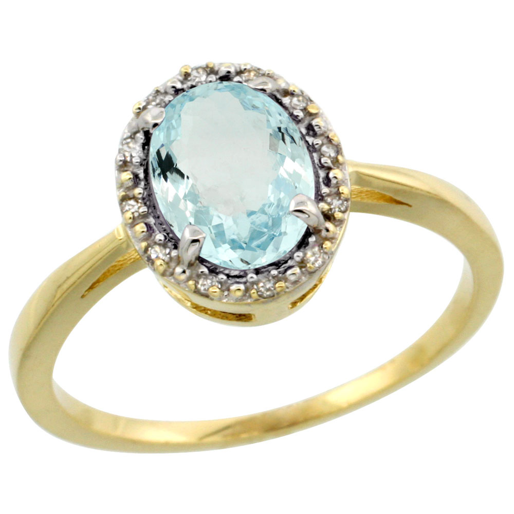 10k Yellow Gold Natural Aquamarine Ring Oval 8x6 mm Diamond Halo, sizes 5-10