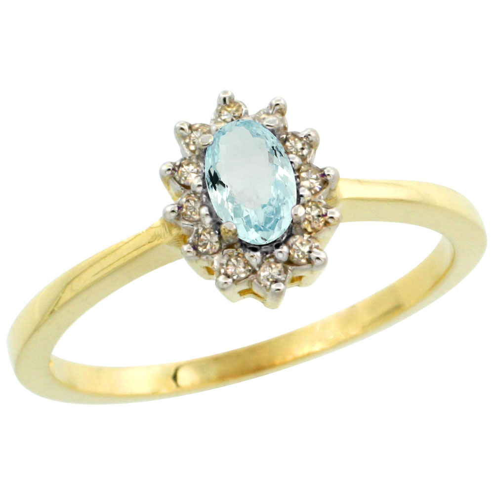 10k Yellow Gold Natural Aquamarine Ring Oval 5x3mm Diamond Halo, sizes 5-10