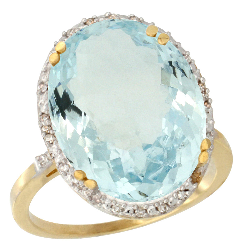 14K Yellow Gold Natural Aquamarine Ring Large Oval 18x13mm Diamond Halo, sizes 5-10