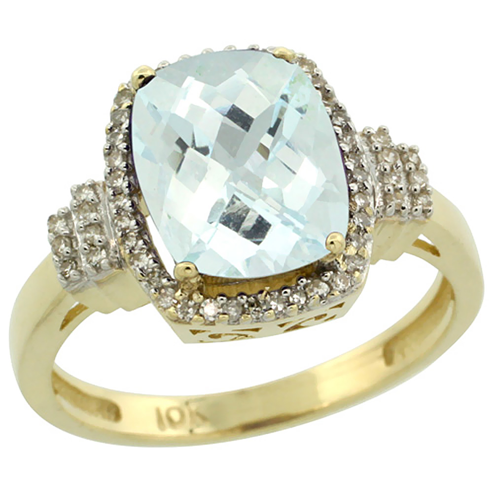 10k Yellow Gold Natural Aquamarine Ring Cushion-cut 9x7mm Diamond Halo, sizes 5-10