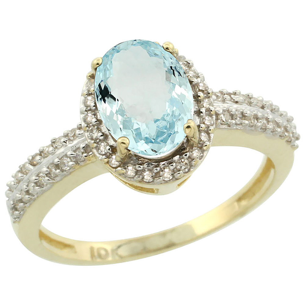 10k Yellow Gold Natural Aquamarine Ring Oval 8x6mm Diamond Halo, sizes 5-10