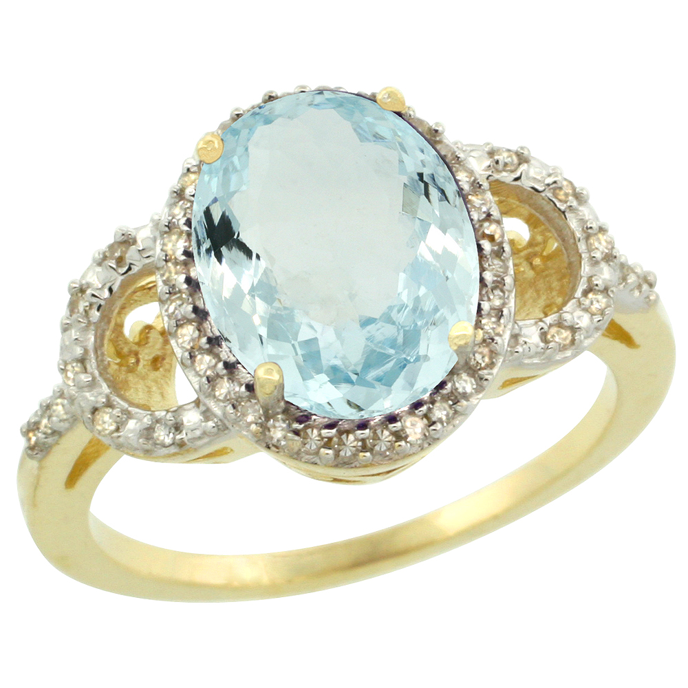 14K Yellow Gold Diamond Natural Aquamarine Engagement Ring Oval 10x8mm, sizes 5-10