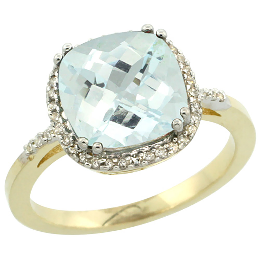 10K Yellow Gold Diamond Natural Aquamarine Ring Cushion-cut 9x9mm, sizes 5-10