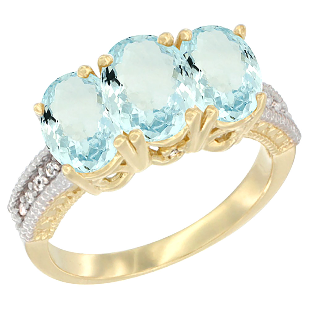 10K Yellow Gold Natural Aquamarine Ring 3-Stone Oval 7x5 mm, sizes 5 - 10