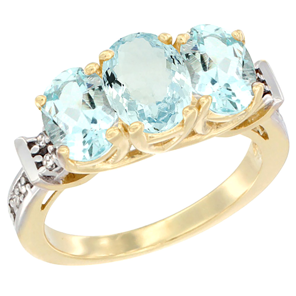 14K Yellow Gold Natural Aquamarine Ring 3-Stone Oval Diamond Accent, sizes 5 - 10