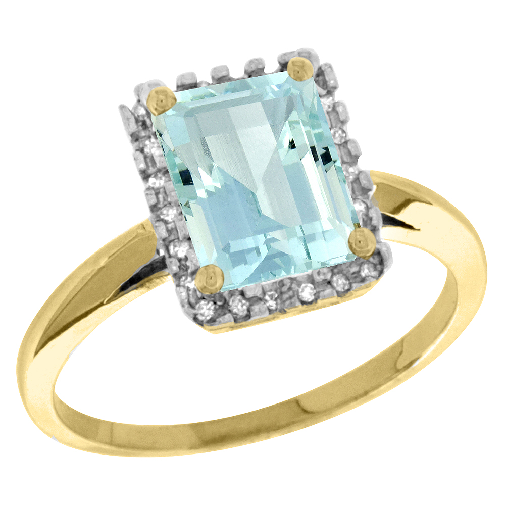 14K Yellow Gold Diamond Natural Aquamarine Ring Emerald-cut 8x6mm, sizes 5-10