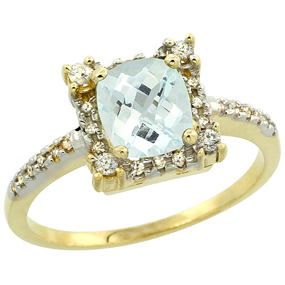 14K Yellow Gold Natural Aquamarine Ring Cushion-cut 6x6mm Diamond Halo, sizes 5-10