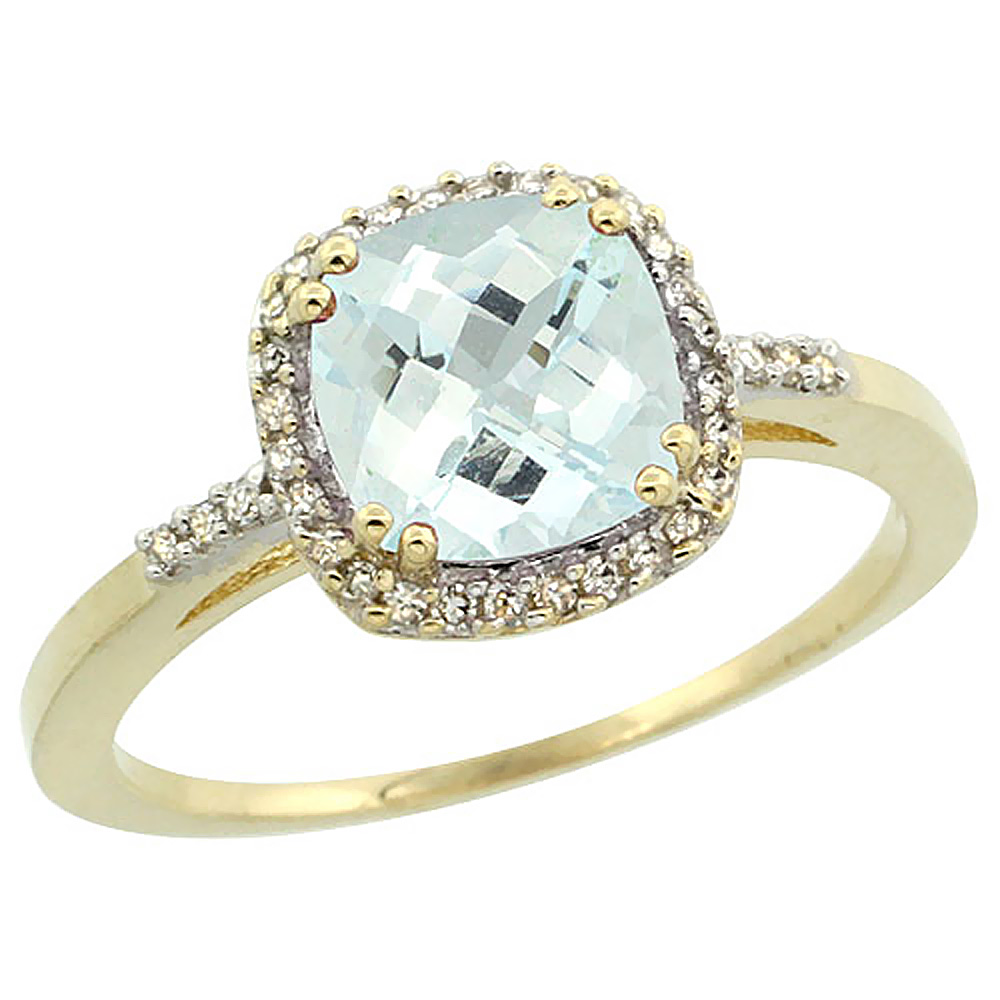 10K Yellow Gold Diamond Natural Aquamarine Ring Cushion-cut 7x7mm, sizes 5-10