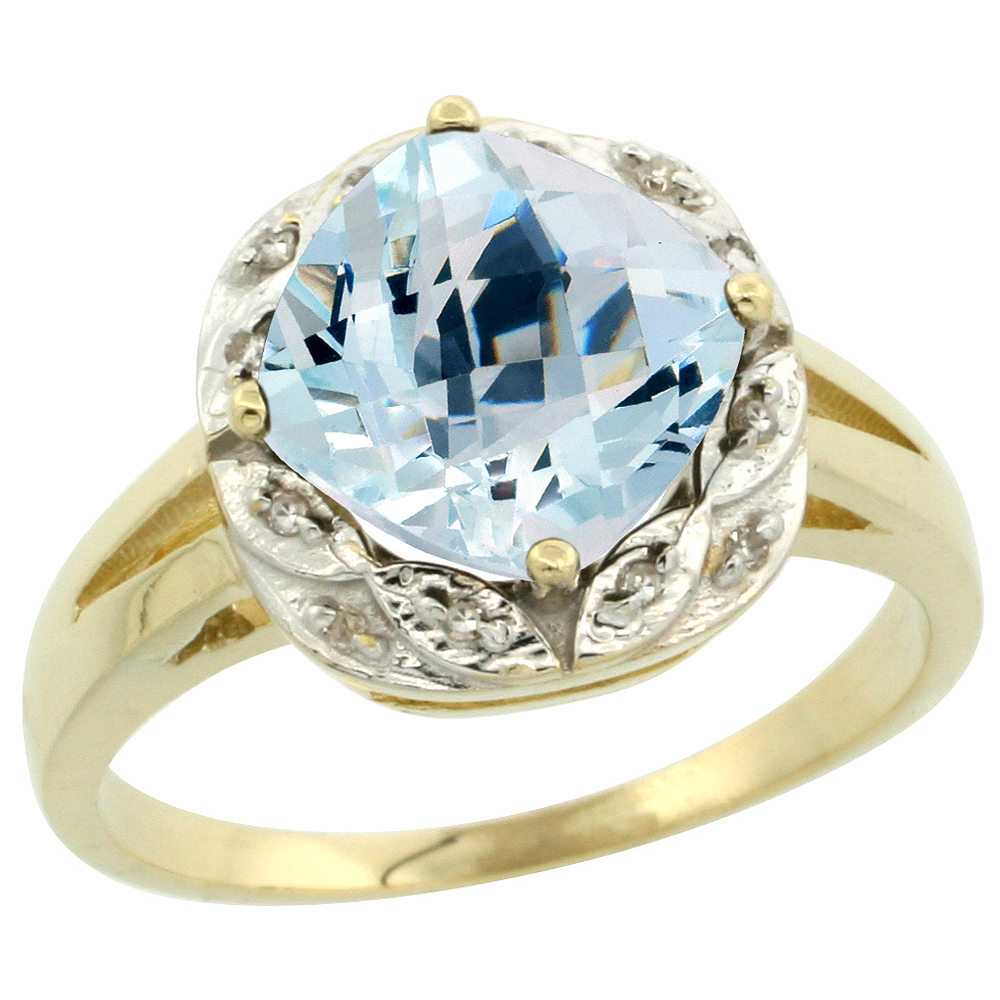 14K Yellow Gold Natural Aquamarine Ring Cushion-cut 8x8mm Diamond Halo, sizes 5-10