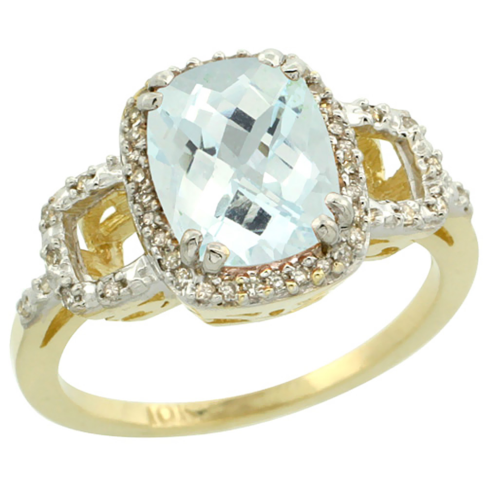 10K Yellow Gold Diamond Natural Aquamarine Ring Cushion-cut 9x7mm, sizes 5-10