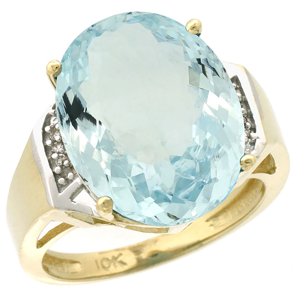 10K Yellow Gold Diamond Natural Aquamarine Ring Oval 16x12mm, sizes 5-10