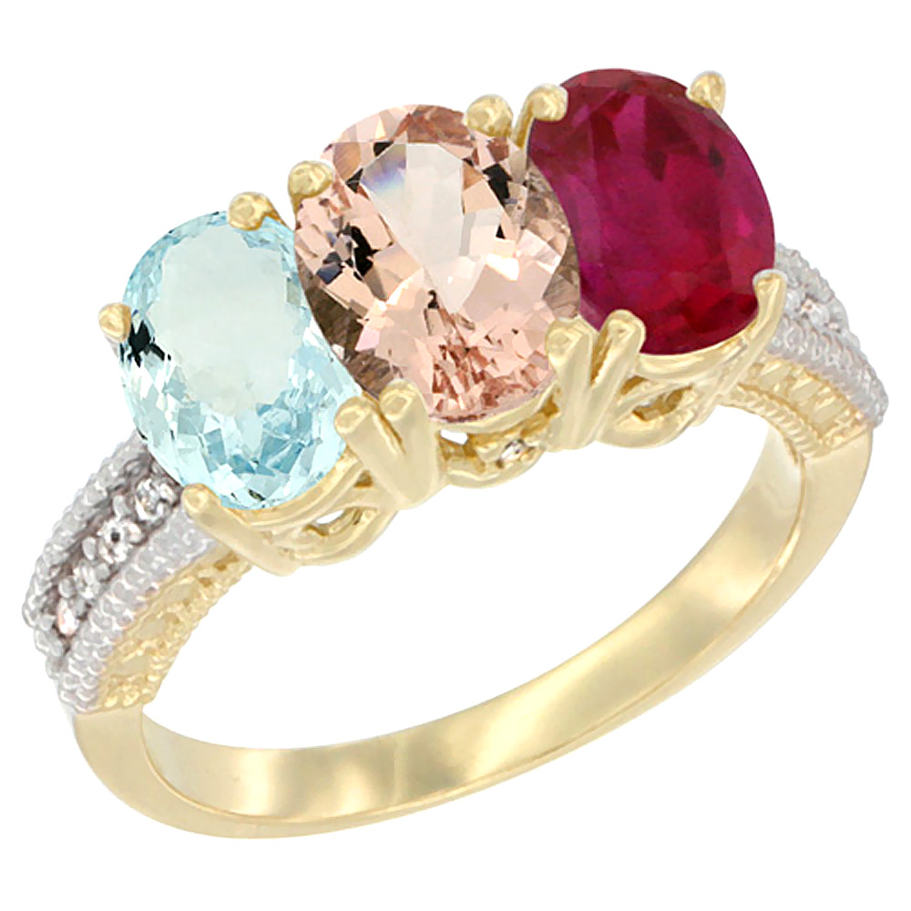 14K Yellow Gold Natural Aquamarine, Morganite & Enhanced Ruby Ring 3-Stone Oval 7x5 mm Diamond Accent, sizes 5 - 10