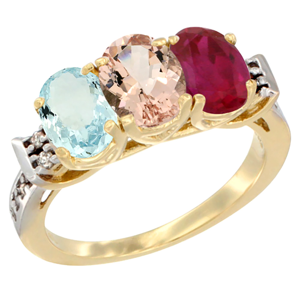 14K Yellow Gold Natural Aquamarine, Morganite &amp; Enhanced Ruby Ring 3-Stone Oval 7x5 mm Diamond Accent, sizes 5 - 10